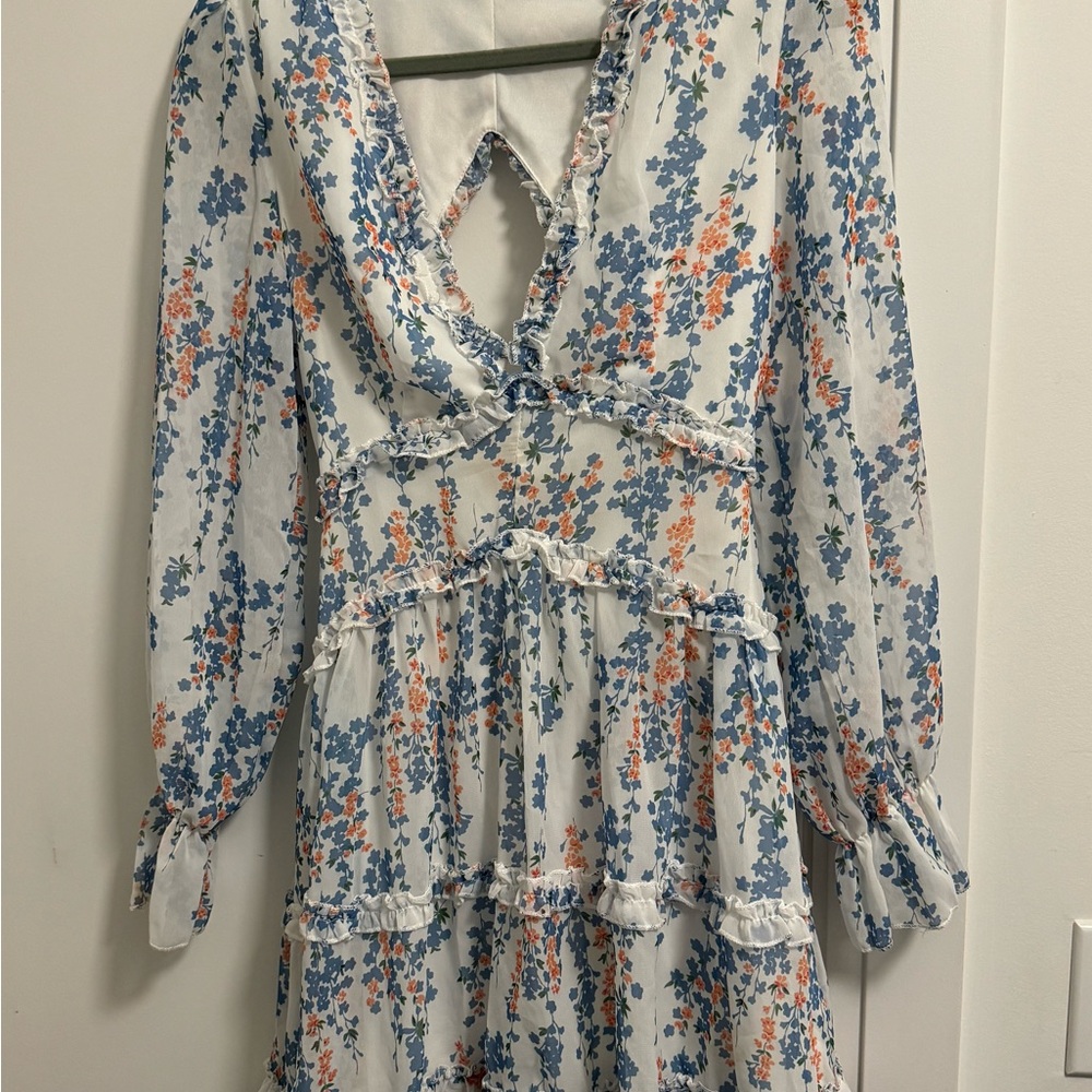 White Floral Ruffle Midi Dress - Blue & Orange Print